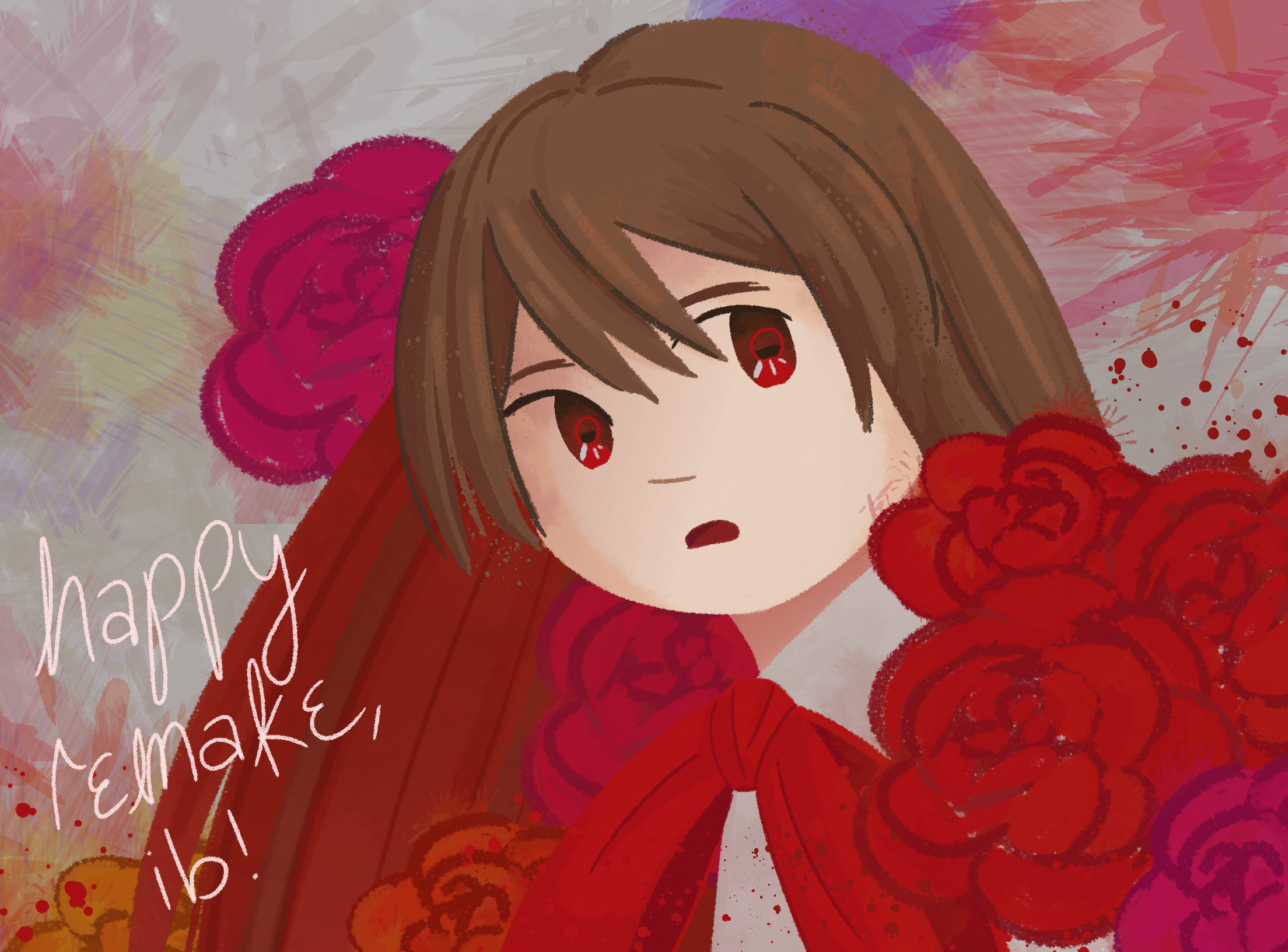 a bust drawing of Ib surrounded by red roses with a grey background covered in paint splatters. handwritten text on the bottom left corner reads 'happy remake, ib!'
