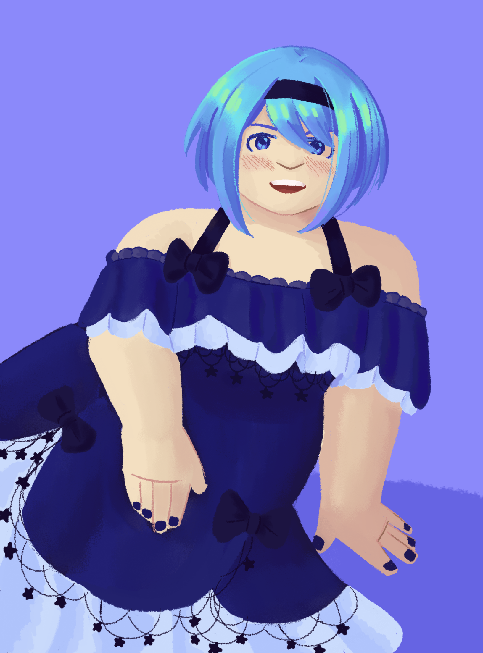 a drawing of Claire sitting. She is wearing a blue dress with strap sleeves and white trim.