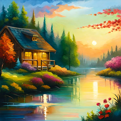 Beautiful Lake,cabin,flowers,trees in forest BlueWillow copy.jpg