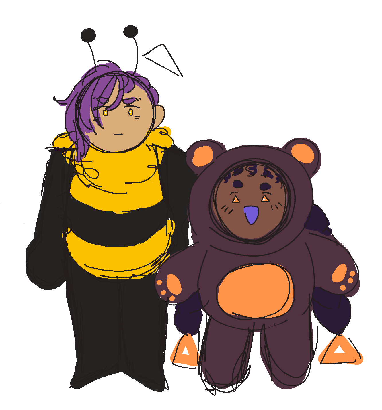 a colored sketch of Kelseyana and Dawn in bee and bear costumes respectively, Kelseyana is furrowing her brows