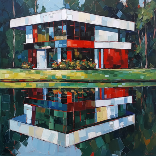mhoydich an oil painting of a modern home on a green lawn in th 22861e89 f6bb 4d13 bb27 89459af27260.png