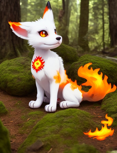 DreamShaper v5 cute fourlegged fire cryptomon in forrest 0.jpg
