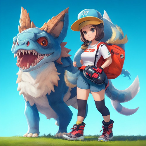DreamShaper v5 female Trainer with cute fourlegged cryptomonst 1.jpg