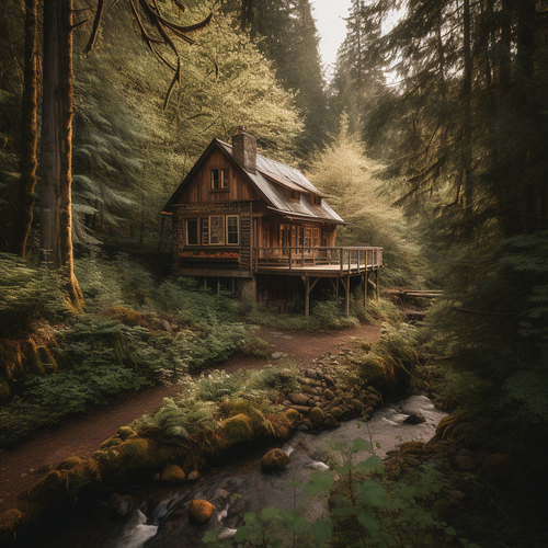 chowmeins A rustic cabin in the woods surrounded by tall trees 61adcd78 57a8 42dc b5c9 33530b42618a.png
