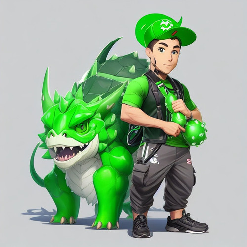 DreamShaper v5 male Trainer with cute green fourlegged cryptom 2.jpg