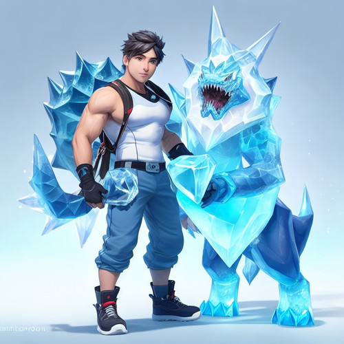 DreamShaper v5 male Trainer with cute ice fourlegged cryptomon 2.jpg
