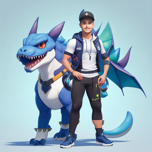 DreamShaper v5 male Trainer with cute fourlegged cryptomonster 1.jpg