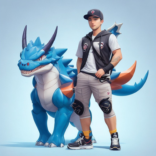 DreamShaper v5 male Trainer with cute fourlegged cryptomonster 2.jpg