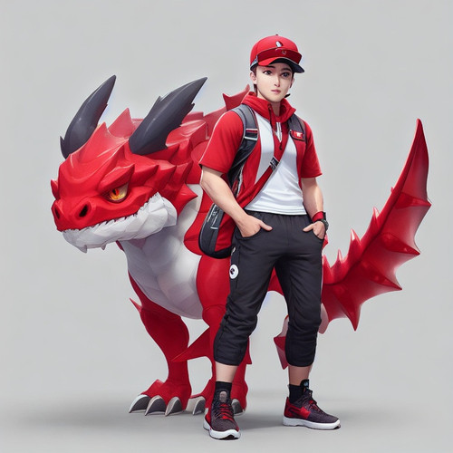 DreamShaper v5 male Trainer with cute red fourlegged cryptomon 1.jpg