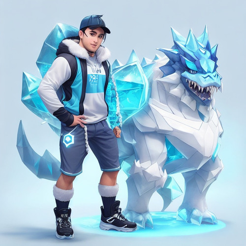 DreamShaper v5 male Trainer with cute ice fourlegged cryptomon 0.jpg
