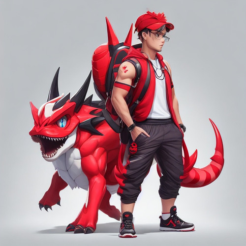 DreamShaper v5 male Trainer with cute red fourlegged cryptomon 2.jpg
