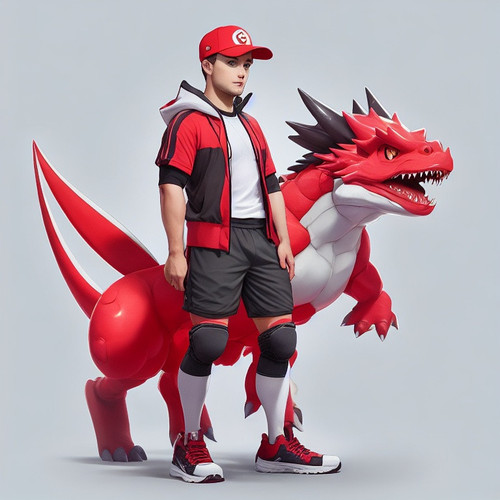 DreamShaper v5 male Trainer with cute red fourlegged cryptomon 3.jpg
