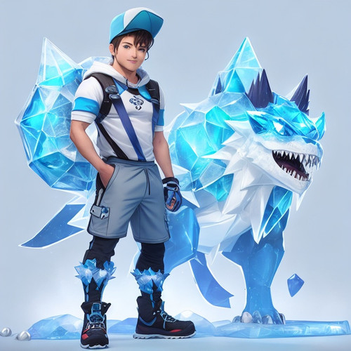 DreamShaper v5 male Trainer with cute ice fourlegged cryptomon 1.jpg