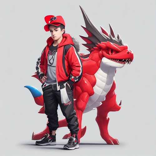 DreamShaper v5 male Trainer with cute red fourlegged cryptomon 0.jpg