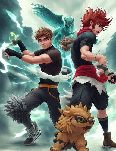 DreamShaper v5 Two male trainers with their animal cryptomons 1.jpg