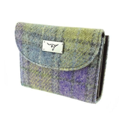 ladies harris tweed jura short wallet in muted lilac green checklb2002 col112 8693 p.jpg