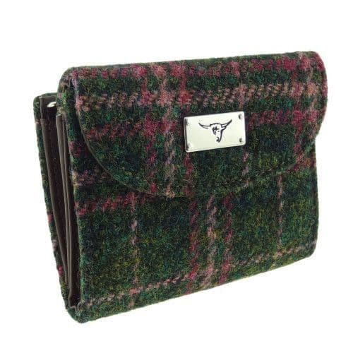 ladies harris tweed jura short wallet in dark green and plum check lb2002 col107 8690 p.jpg