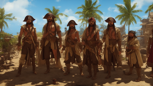00054 Few pirates standing next to each other on a tropical island in front of a tavern. Cinematic, .png