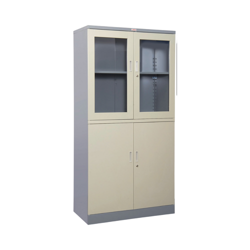 ลีโก้ ตู้เก็บของอเนกประสงค์ หน้าบานกระจก 2 ชั้นบน หน้าบานทึบ 2 ชั้นล่าง สีเทาสลับ.png