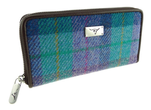 ladies harris tweed long zip purse staffa in green purple check lb2100 col79 5008 p.jpg