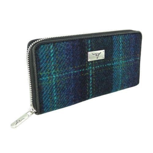 ladies harris tweed long zip purse staffa in blue with turquoise overcheck lb2100 col119 5005 p.jpg