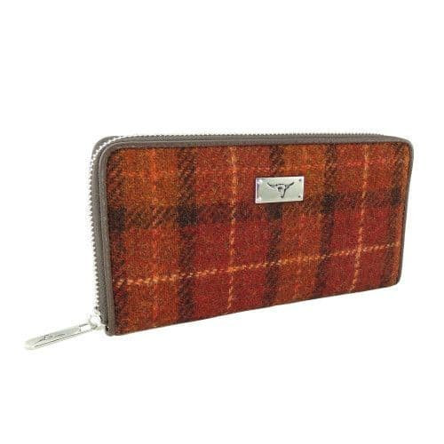 ladies harris tweed long zip purse staffa in deep orange check lb2100 col117 5006 p.jpg