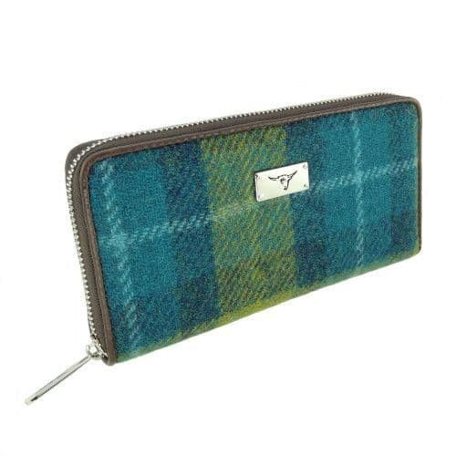 ladies harris tweed long zip purse staffa in sea blue green tartan lb2100 col114 8673 p.jpg