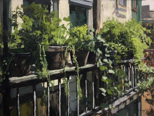 mhoydich painting of plants hanging from a balcony in the style e4737fba b74f 4477 9aad 29d8f18298ca.png
