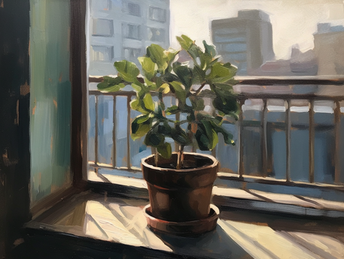mhoydich oil painting of a plant in a pot near a window overloo 07c71aca 7423 4ff9 8aa3 b4cec7d6940f.png