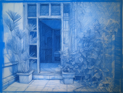 mhoydich crayon blueprint of a doorway to a patio with a plant fae3f494 ca0d 482f b507 14efbb56bfaf.png