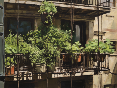 mhoydich painting of plants hanging from a balcony in the style 69d6fdd6 2049 4d34 9a4a 2452bb1d0f2b.png