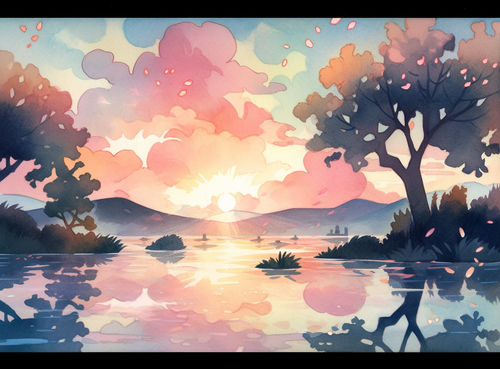 mhoydich watercolor of an ocean sunset with flowers and trees i 453e7b94 590b 4fcb 995e e96ff8f3fe33.png