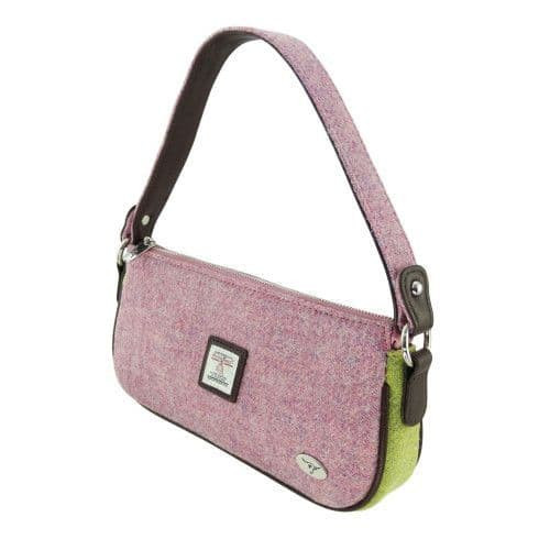 ladies harris tweed small shoulder bag with tweed strap in.lain pink with green contra lb1217 col111.jpg