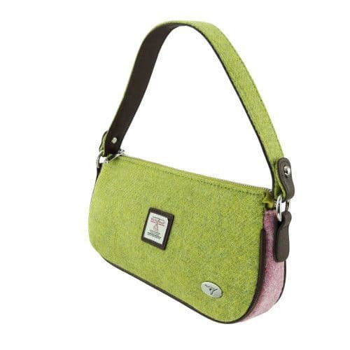 ladies harris tweed small shoulder bag with tweed strap inplain green with pink contra l 8619 p.jpg