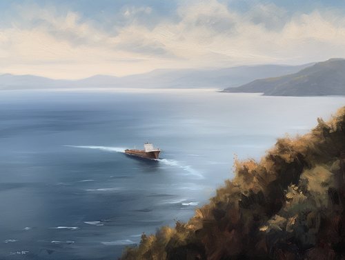 mhoydich oil painting of a ship is on the horizon between two m 4ebadb6e f5f1 46d4 98db 2df25f11c35f.png