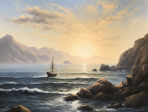 mhoydich oil painting of a ship is on the horizon between two m 18024deb cc65 4900 b6c6 89a0a616fc33.png