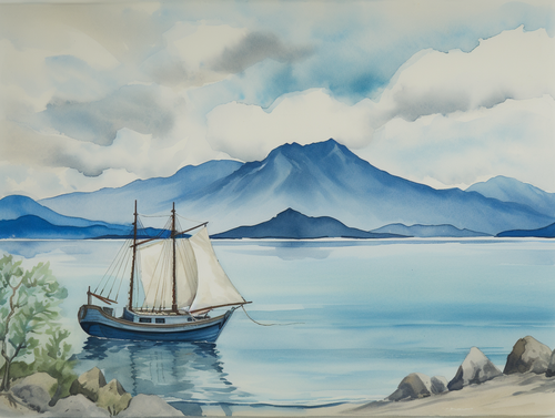 mhoydich painting of a ship on the ocean near mountains and a b 65fa4280 ab9e 486c b472 ca098b35878b.png
