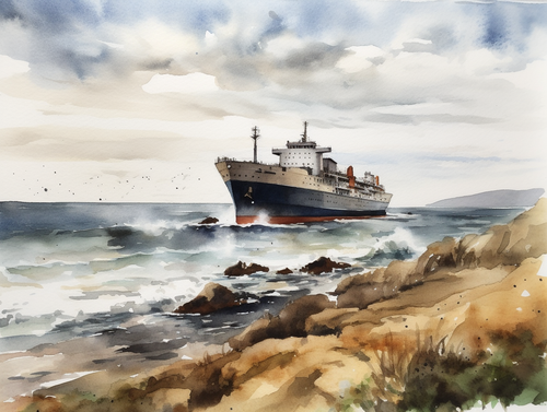 mhoydich watercolor of a large ship is on the ocean behind a sh d743b106 3679 4316 9ca3 c9462b4df9a2.png