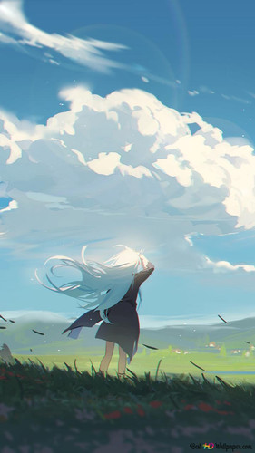 anime girl with long blue hair and black dress looking at vault houses on mountain slope under cloud.jpg