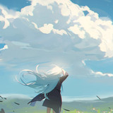 anime girl with long blue hair and black dress looking at vault houses on mountain slope under cloud