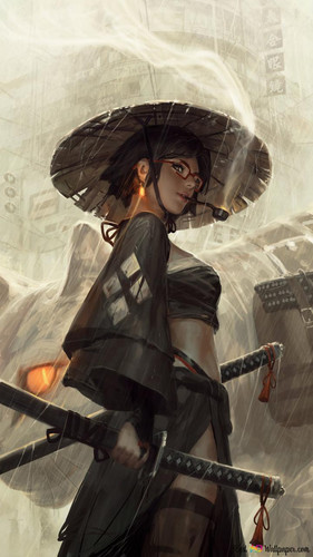 beautiful anime girl in straw hat smoking pipe holding sword in front of big cat image wallpaper 720.jpg