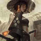 beautiful anime girl in straw hat smoking pipe holding sword in front of big cat image wallpaper 720