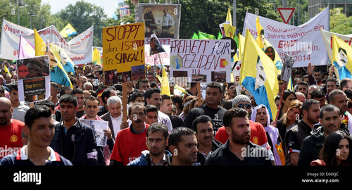 hanover germany 16th aug 2014 demonstrators march with flags and signes E66KJC.jpg