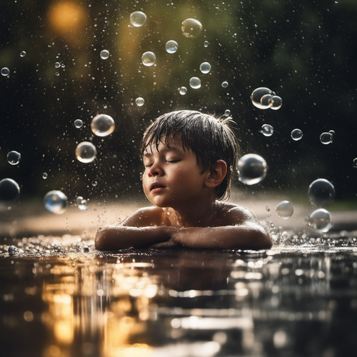 imagine a little boy with closed eyes in the rain forcing the power of thought to raise drops of wa .png