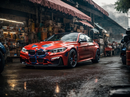 PhotoReal bmw m3 futuristic parked in midst of busy Indian mar 3.1