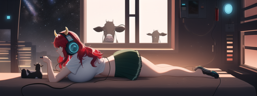 cyberpunk, window, 1woman, space, stars, cow girl, red hair, wavy hair, lying in s 4035470977.png