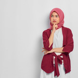 pensive beautiful asian woman casual shirt thinking about something looking away isolated white back