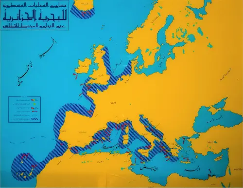 خريطة مسارح العمليات العسكرية للبحرية الجزائرية عبر البحار والمحيط الأطلسي في العهد العثماني
