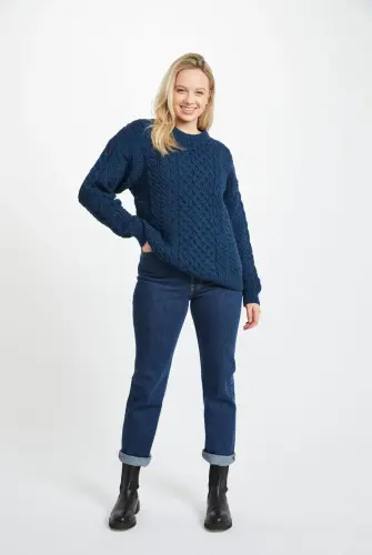 inisheer aran wool sweater for women blue atlantic color 100 merino irish treditional design size xx.webp