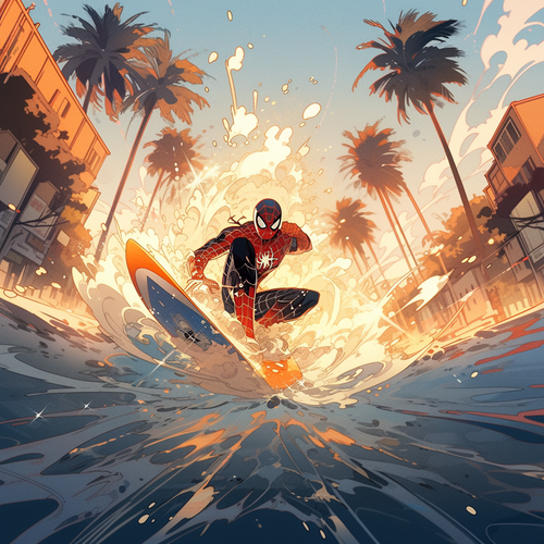 mhoydich visual comic book style spiderman surfing in venice ca f99613a8 b049 4976 a750 3924cd484a12.png